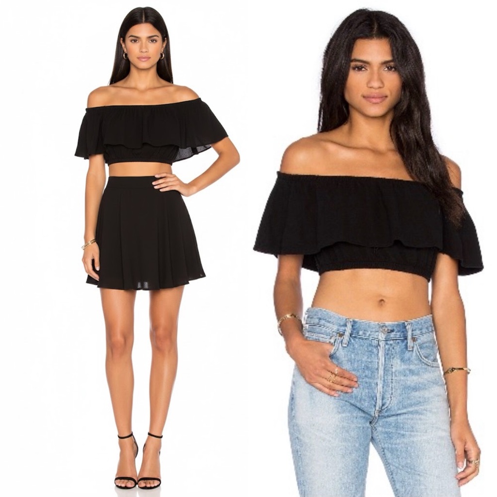NEW NYTT x REVOLVE TESSA BLACK CROP TOP OFF THE SHOULDER MIDRIFF FLIRTY BLOUSE S